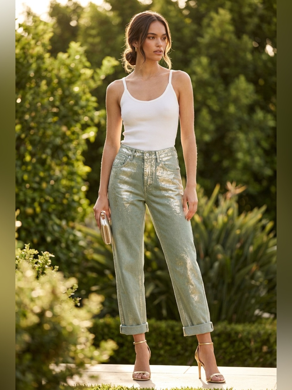 Zara Metallic Sage Green Boyfriend Jeans